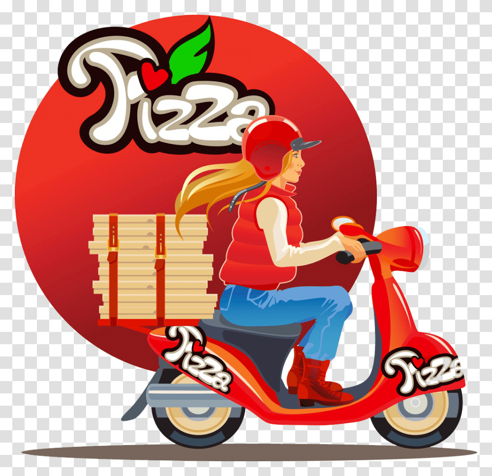 Pizza Motorcycle Beauty Free Delivery Pizza, Scooter, Vehicle, Transportation, Moped Transparent Png