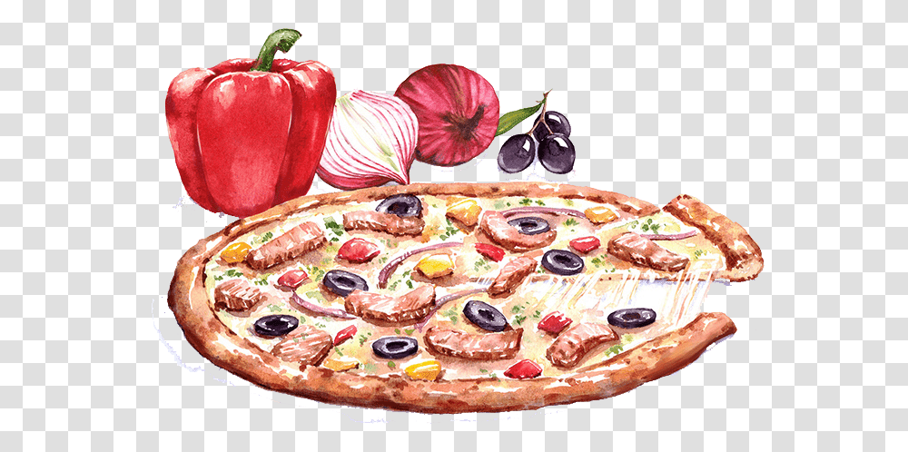 Pizza Watercolor Illustration, Food, Plant, Vegetable, Cake Transparent Png