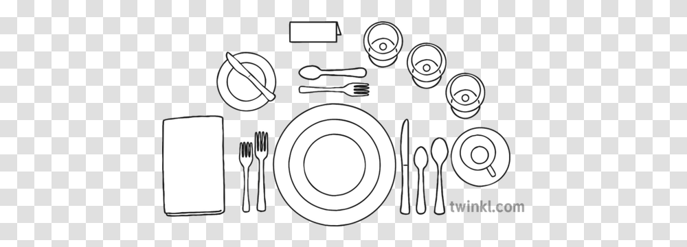 Place Setting Black And White Illustration Twinkl, Fork, Cutlery, Dish, Meal Transparent Png
