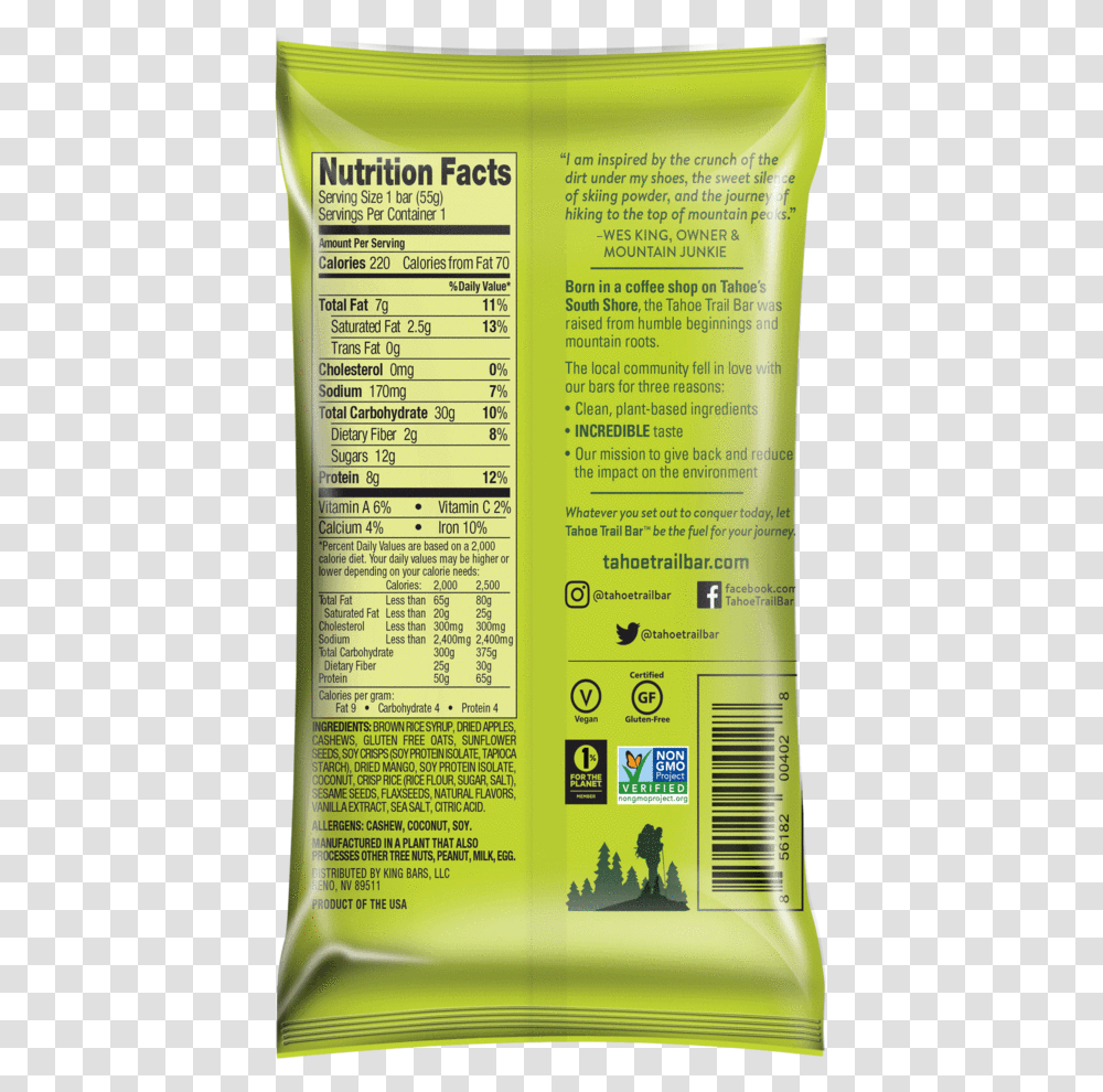 Plant Energy Bars Vegan Gluten Free & Non Gmo Tahoe Nutrition Facts Label, Text, Poster, Advertisement, Flyer Transparent Png