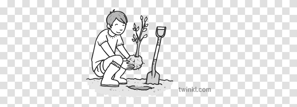 Planting Tree Black And White Planting A Tree Twinkl, Person, Human, Tool, Shovel Transparent Png