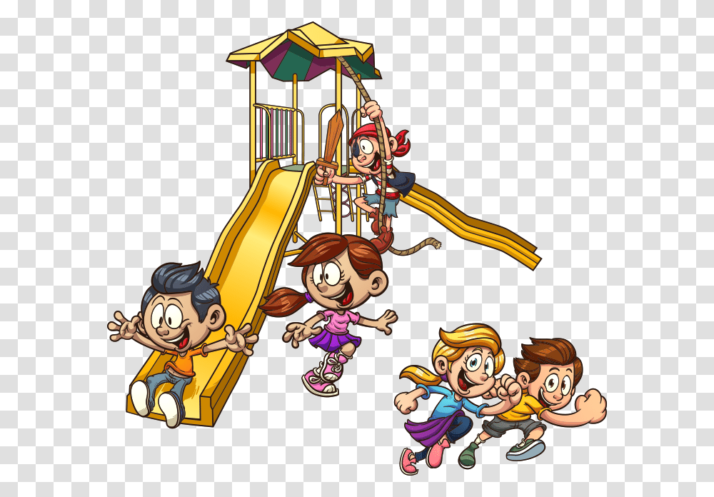 Playground Slide Child Clip Art Cartoon Kids Playing, Book, Toy, Comics, Play Area Transparent Png