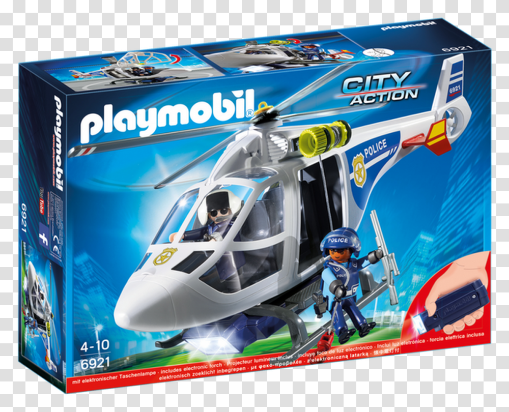 Playmobil Police Helicopter With Led Searchlight Playmobil Helicopter, Transportation, Aircraft, Vehicle, Helmet Transparent Png