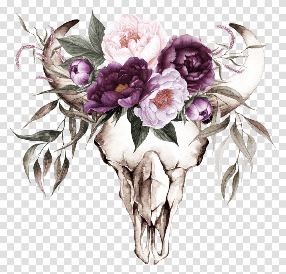 Plum Color Floral Wedding Invitations Cow Skull With Flowers, Floral Design, Pattern, Graphics, Art Transparent Png