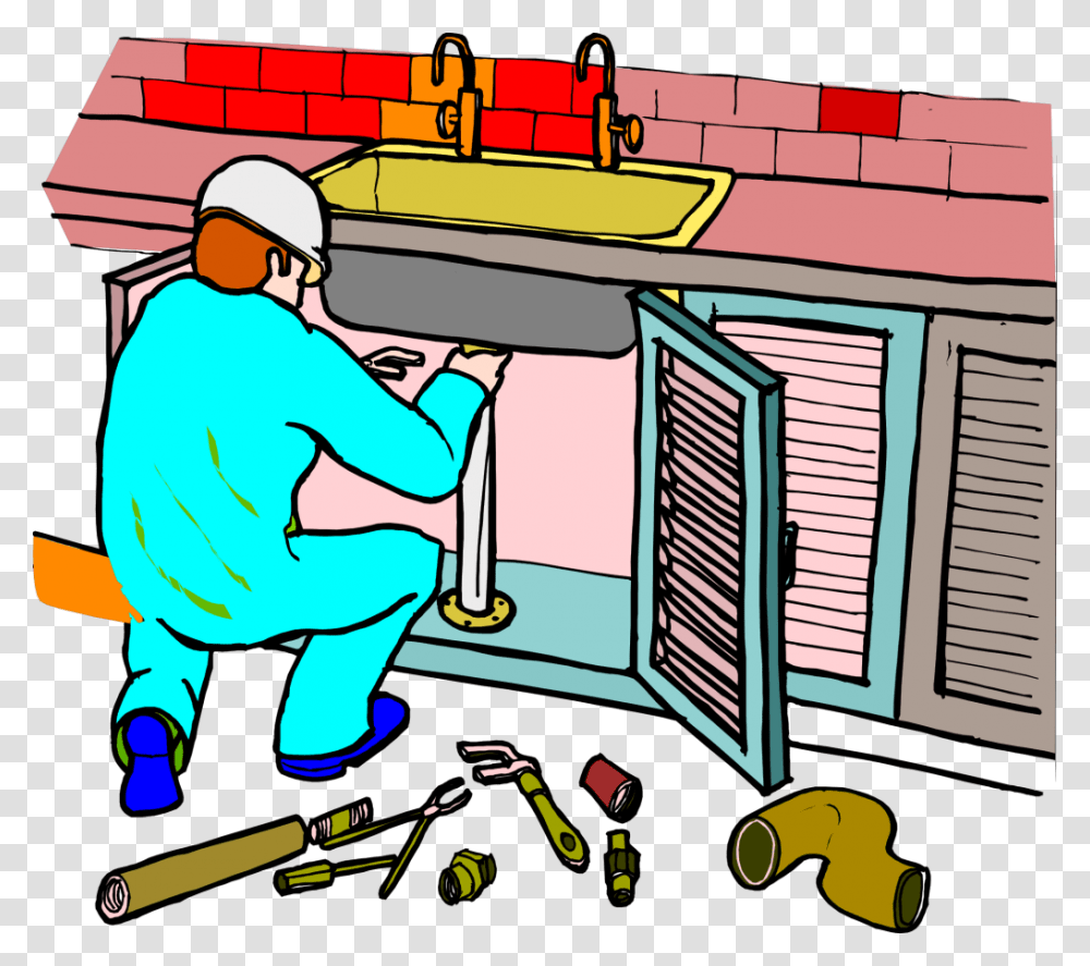 Plumber Fixing Kitchen Sink Picture Clip Art Plumber Cartoons, Home Decor, Window, Building, Cleaning Transparent Png