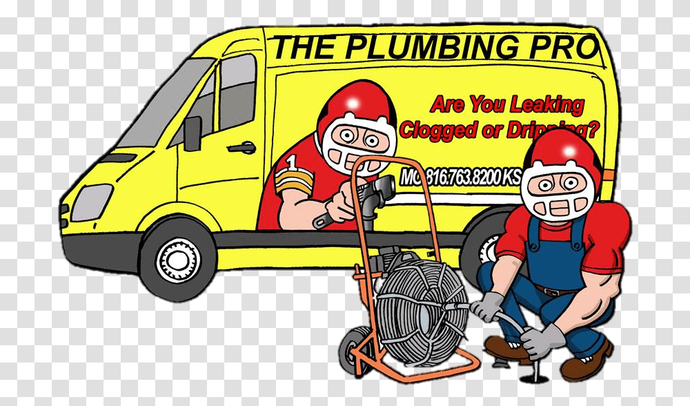 Plumbing Pro Van With Plumber Snaking Line Cartoon, Vehicle, Transportation, Person, Human Transparent Png