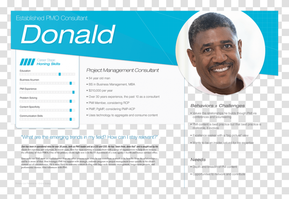 Pmi Persona Donald Mba User Persona, Human, Advertisement, Poster, Flyer Transparent Png