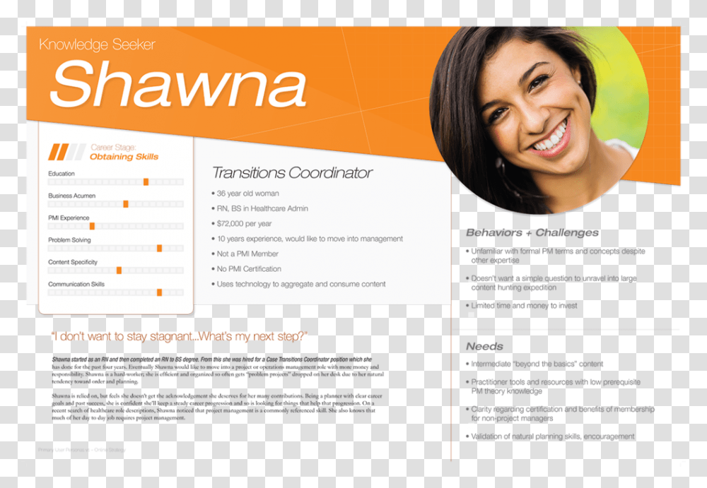Pmi Persona Shawna Project Coordinator Personas Behavior, Face, File, Poster Transparent Png