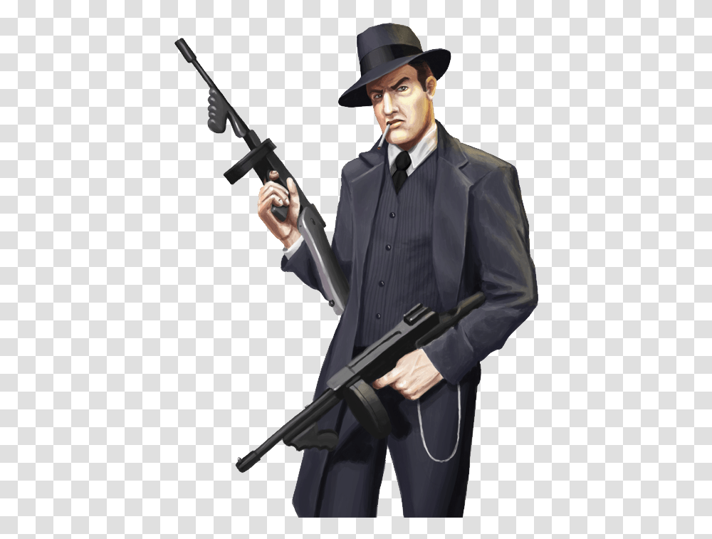 Pngimgcom Gangster With Tommy Gun, Person, Tie, Hat, Weapon Transparent Png