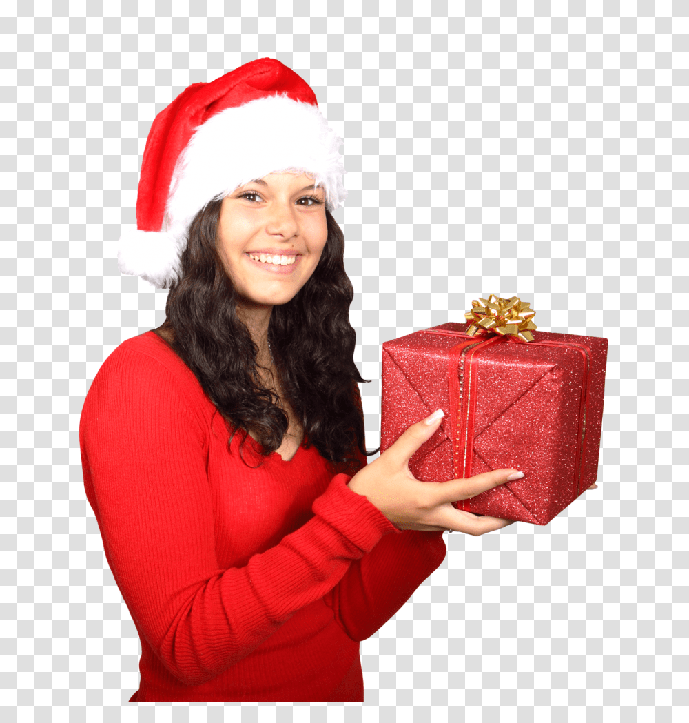 Beautiful Woman Wearing Santa Claus Clothes With Christmas Gift Image, Religion, Person, Human Transparent Png