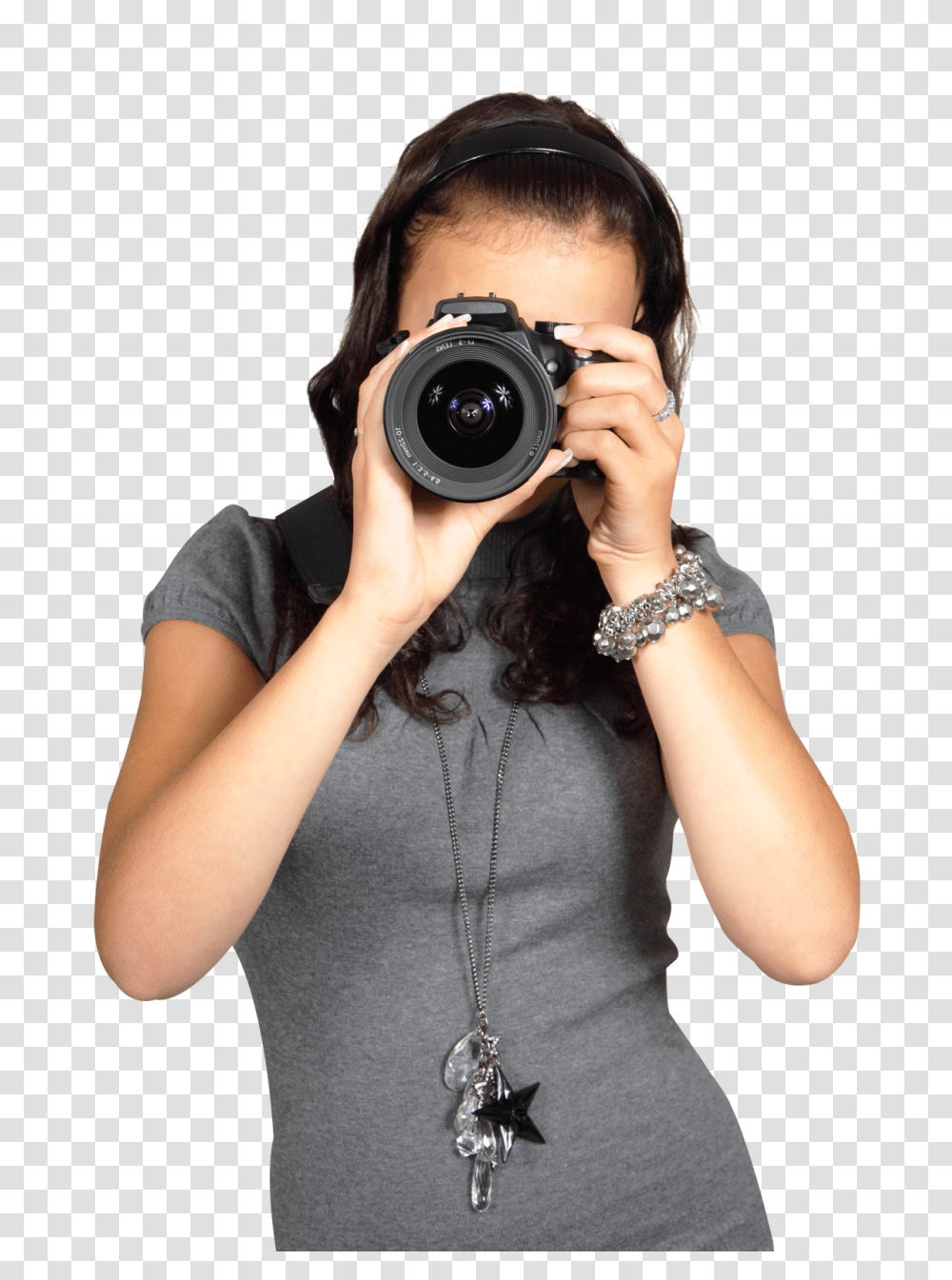 Cute Young Woman In Gray Dress With Digital Photo Camera Image, Person, Human, Electronics, Photography Transparent Png