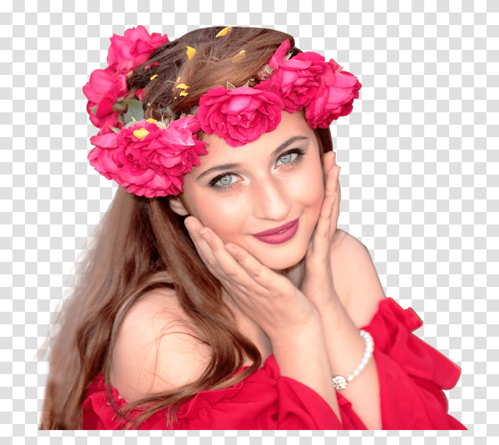 Elegant Fashionable Woman Wearing Red Roses Wreath On Her Head Image, Person, Headband, Hat Transparent Png