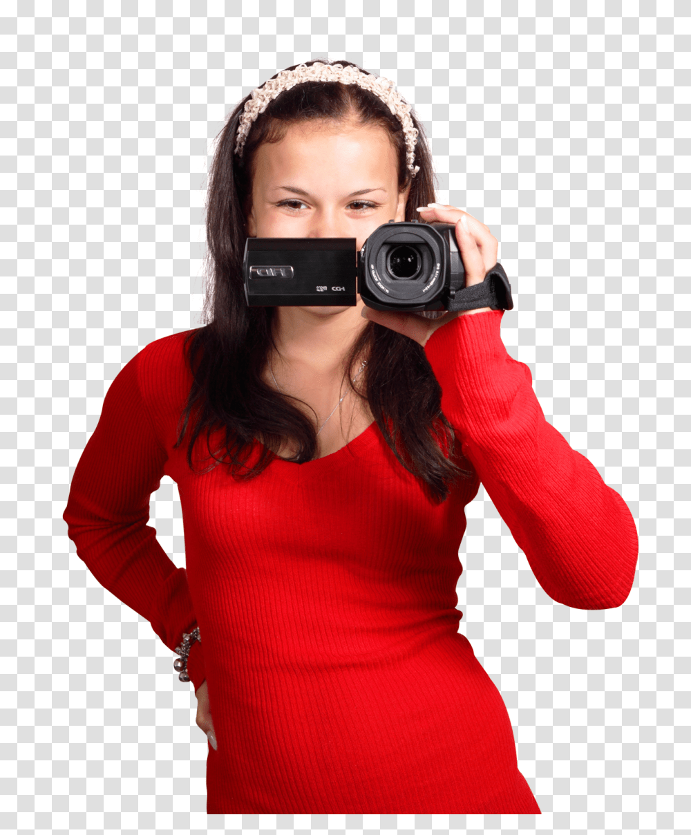 Girl Filming With Digital Camcorder Image, Person, Apparel, Camera Transparent Png