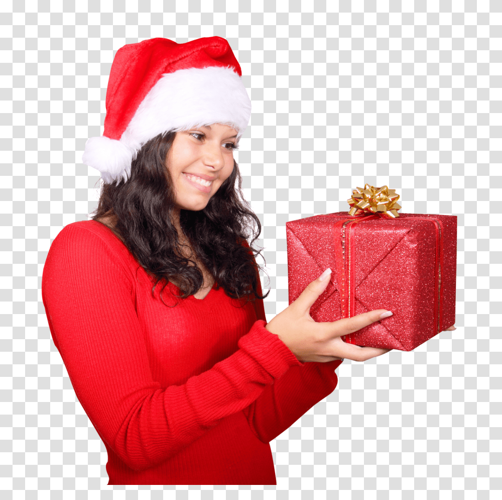 Girl Wearing Red Santa Claus Hat With Gift Box Image, Religion, Person, Human, Female Transparent Png