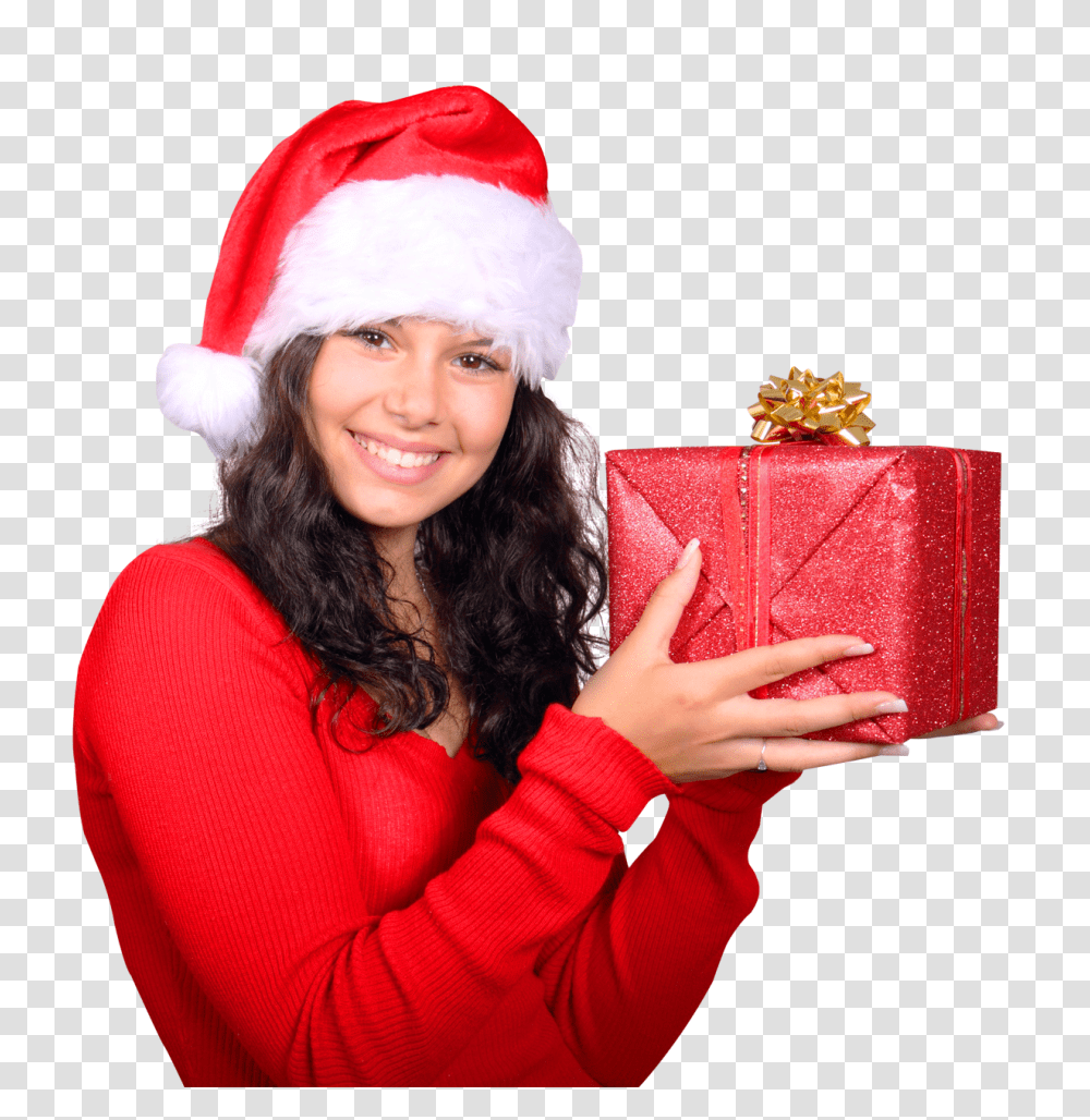 Girl With Red Santa Claus Hat Holding Gift Box Image, Religion, Person, Human Transparent Png