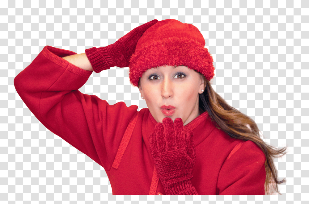 Happy Woman Blowing Kiss In Winter Clothes Image, Person, Apparel, Hat Transparent Png