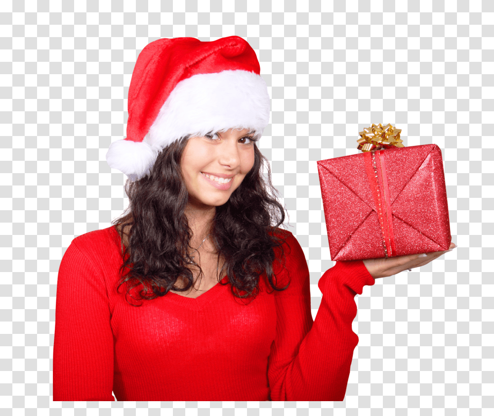 Smiling Woman In Red Santa Claus Hat With Gift Box Image, Person, Human, Apparel Transparent Png