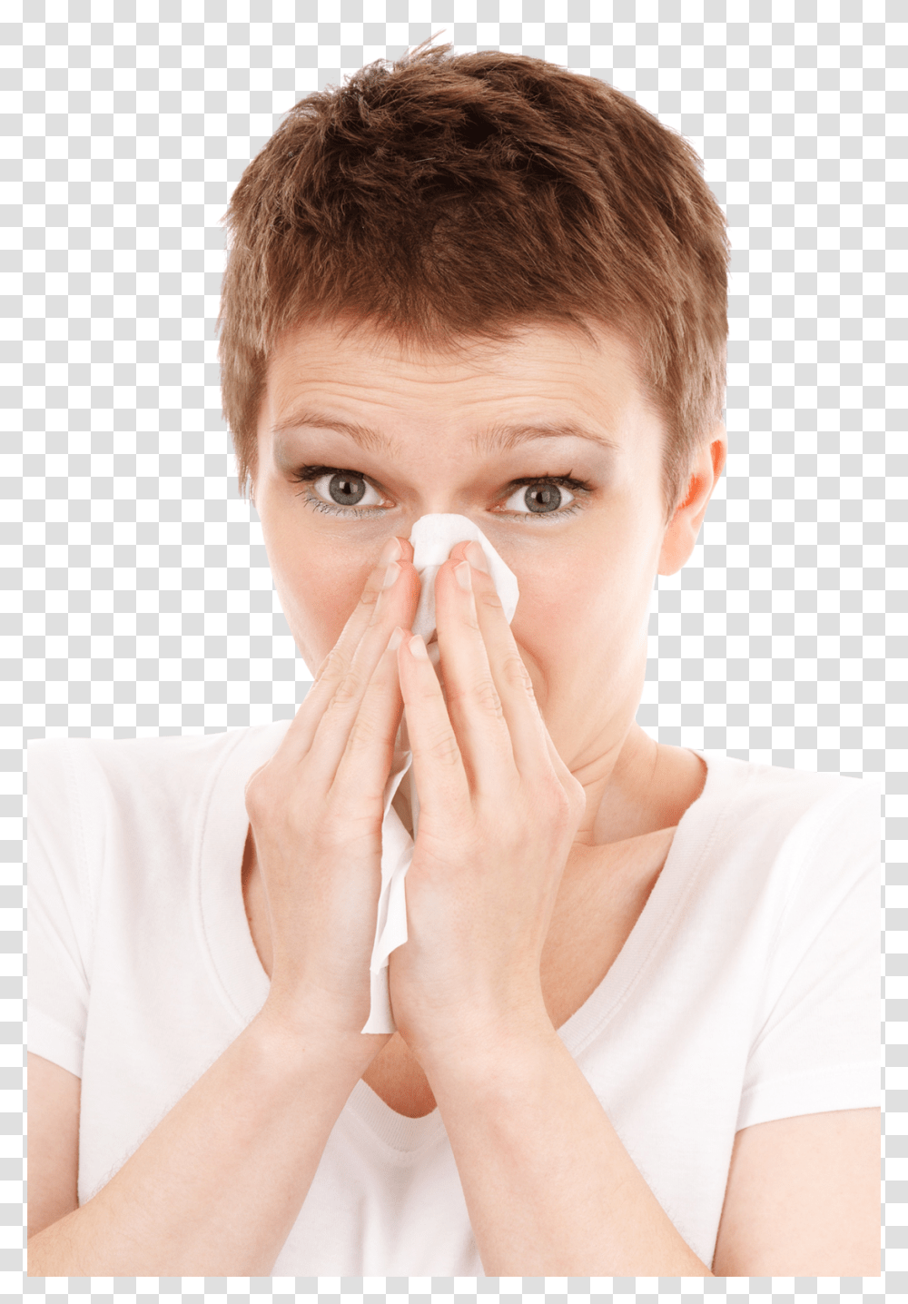Woman With Allergy Symptom Blowing Nose With Tissue Image, Person, Face, Human, Smelling Transparent Png