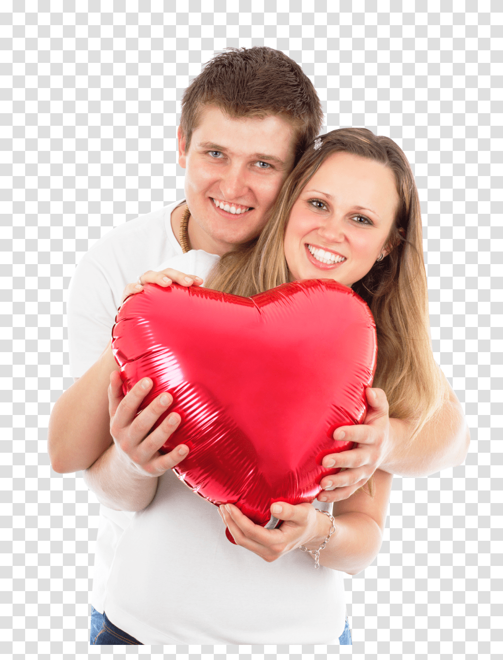 Young Loving Couple Holding A Red Heart Shaped Pillow Image, Person, Human, Cushion, Female Transparent Png