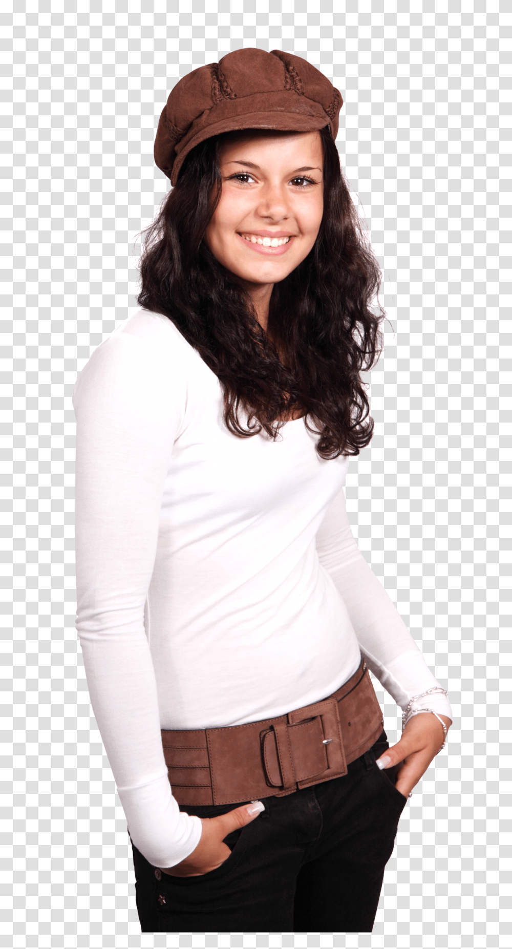 Young Smiling Woman Wearing A White T Shirt And Brown Cap Image, Person, Sleeve, Long Sleeve Transparent Png