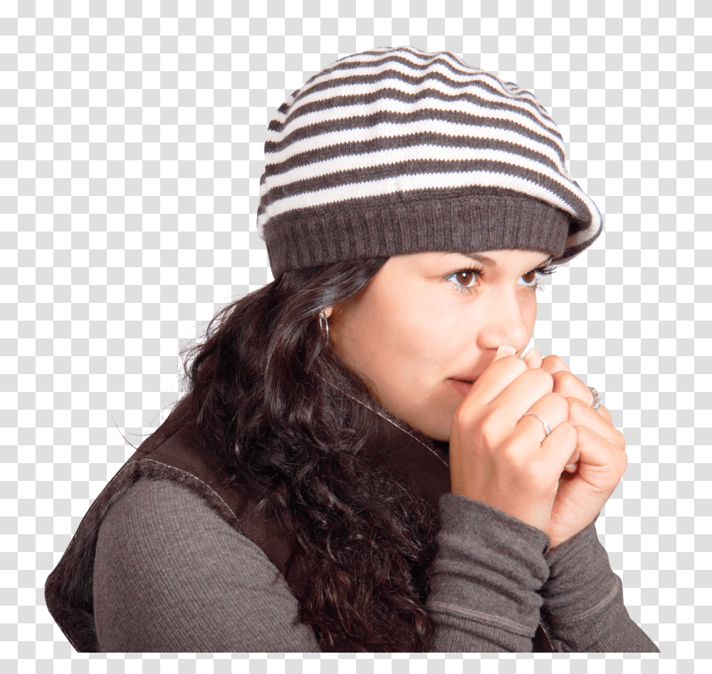 Young Woman Her Hands By Breath Image, Person, Apparel, Human Transparent Png