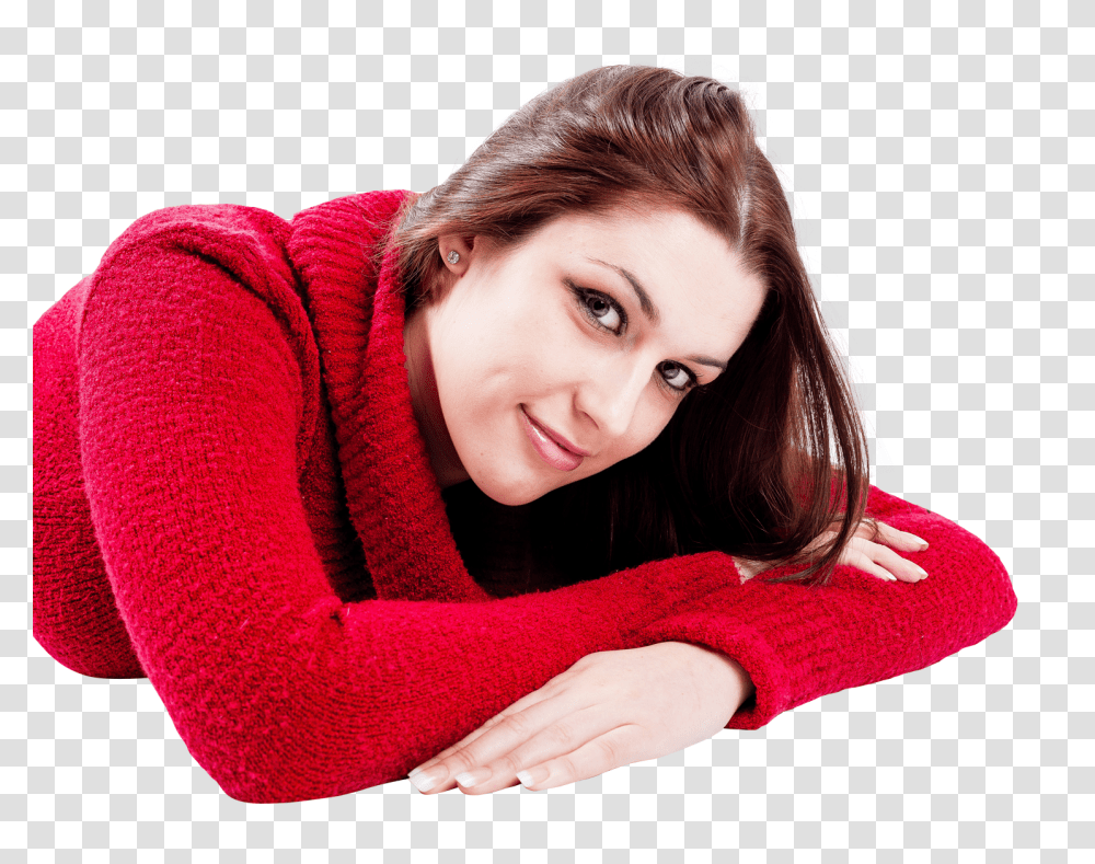 Young Woman In Red Dress Laying Down Image, Person, Sweater, Face Transparent Png