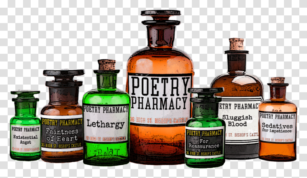 Poetry Pharmacy Bottle Logo, Liquor, Alcohol, Beverage, Drink Transparent Png