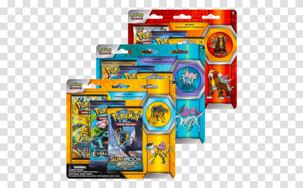 Pokemon 3 Pack Sun And Moon Guardians Rising Pin Raikou Entei And Suicune Card, Arcade Game Machine, Toy, Pac Man Transparent Png