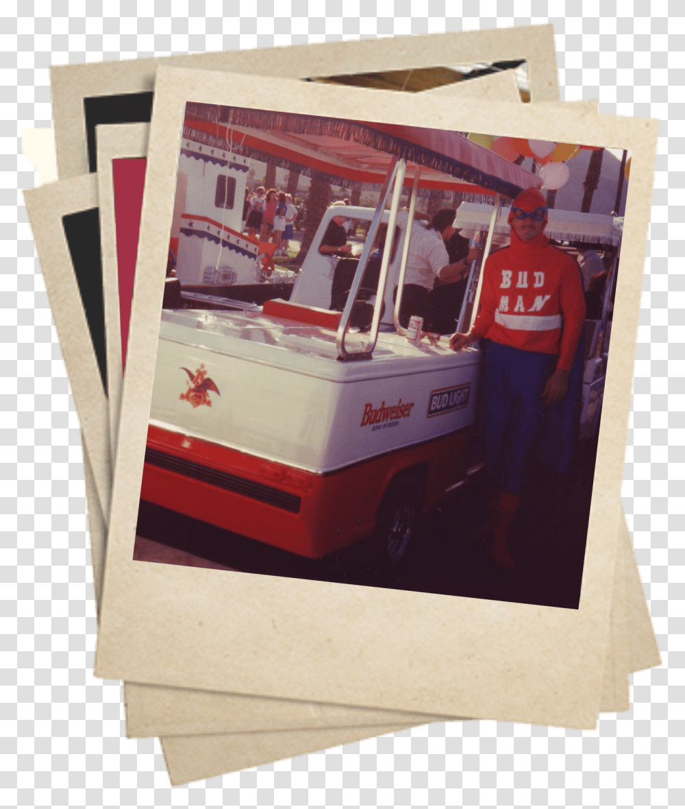 Polaroid Of Bud Man And Budweiser Stand In The 80s Polaroid, Person, Poster, Advertisement, Canvas Transparent Png