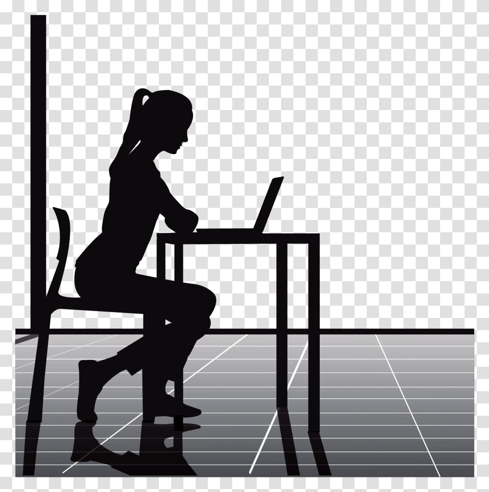 Police Clipart Office Building Person Sitting At Desk, Furniture, Chair, Silhouette, Flooring Transparent Png