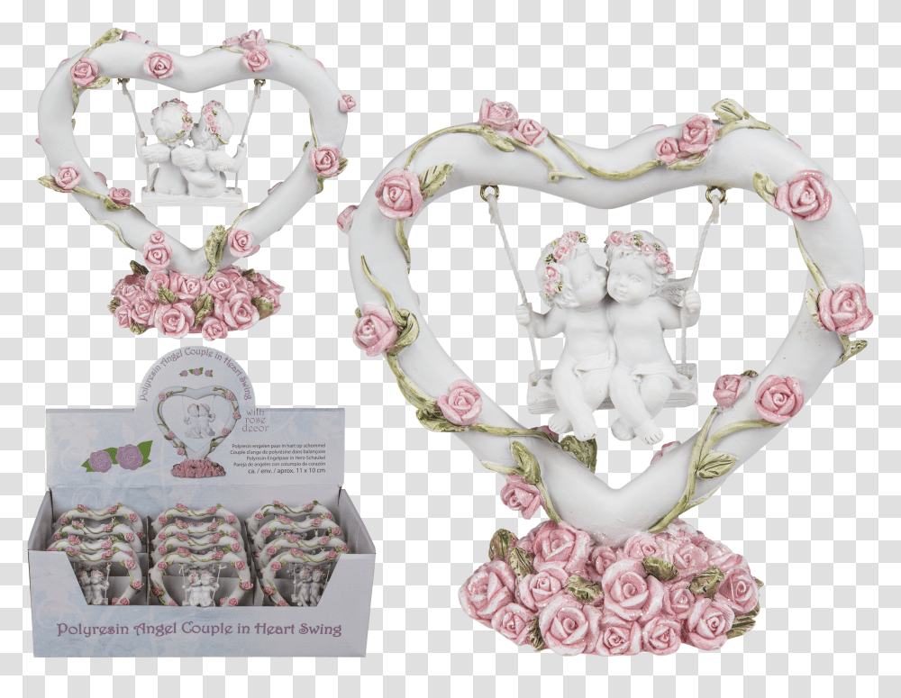 Polyresin Angel Couple In Heart Swing With Pink Coloured Rose Transparent Png