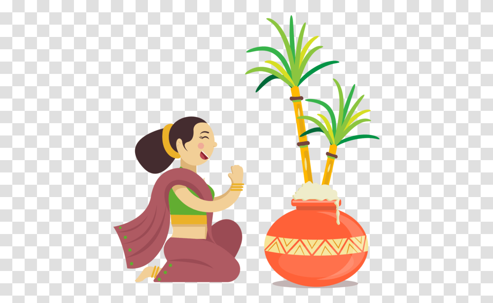Pongal Flowerpot Houseplant Palm Tree For Thai Cartoon Pongal Pot, Person, Human, Jar, Vase Transparent Png