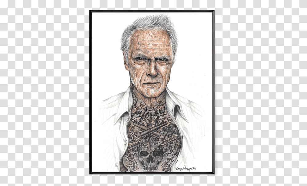 Portrait Tattoo Clint Eastwood, Skin, Person, Drawing Transparent Png