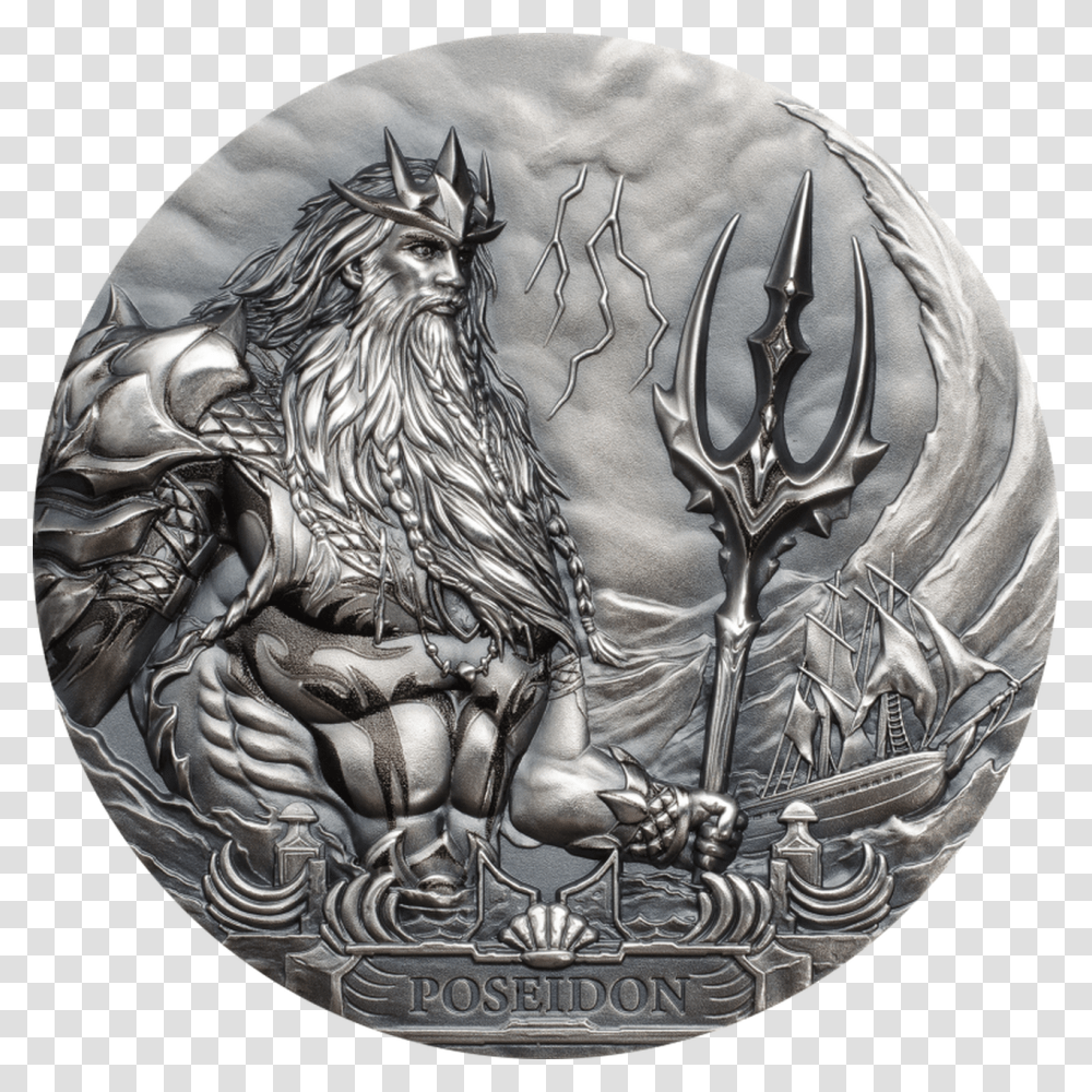 Poseidon Sea Gods Of The World 3 Oz Silver Coin 20 Poseidon Coin, Emblem, Painting Transparent Png