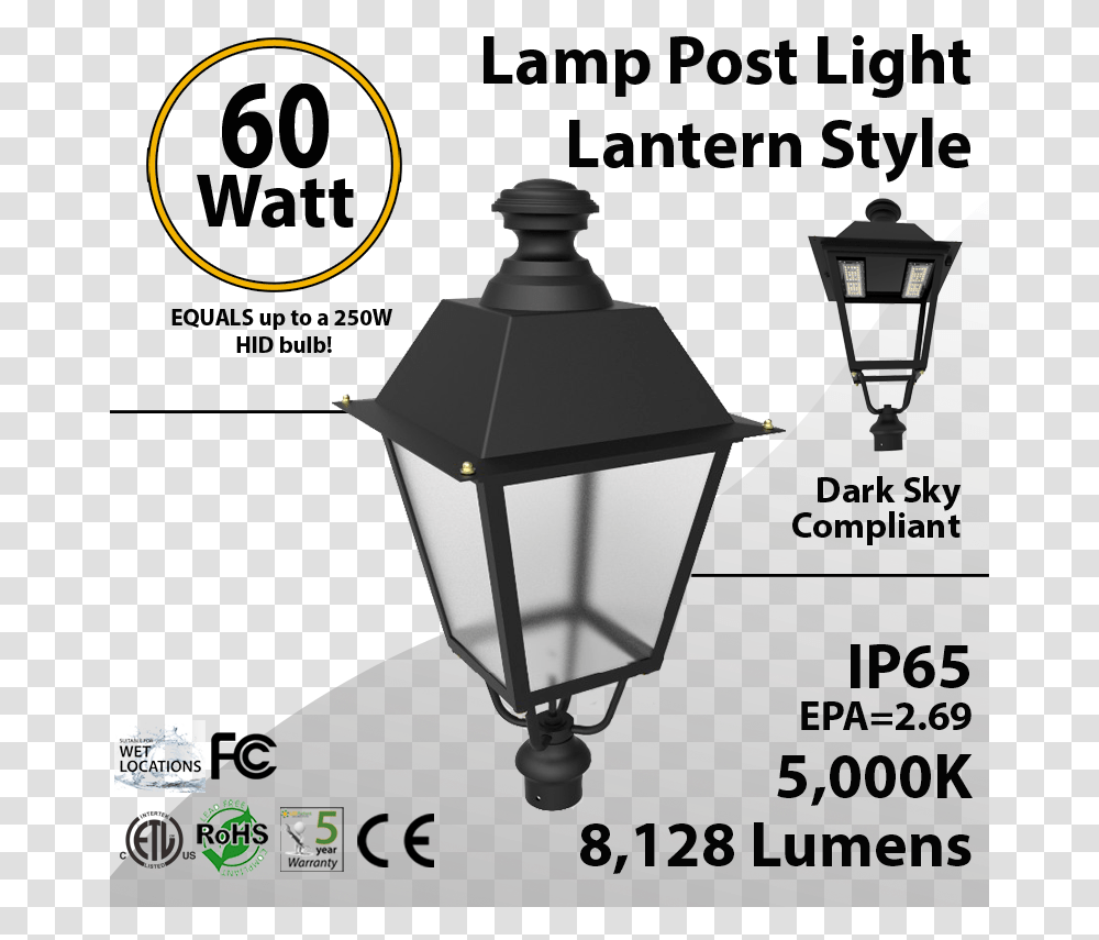 Post Light 60w Led Lantern Style 8128 Lm 5000k Etl Dlc Federal Communications Commission, Lamp, Lampshade, Lamp Post, Lighting Transparent Png