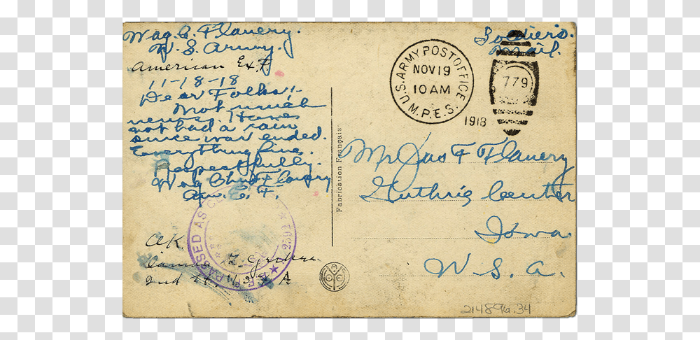 Postcard Mailed From France World War I Postcard From World War, Envelope, Passport, Id Cards, Document Transparent Png