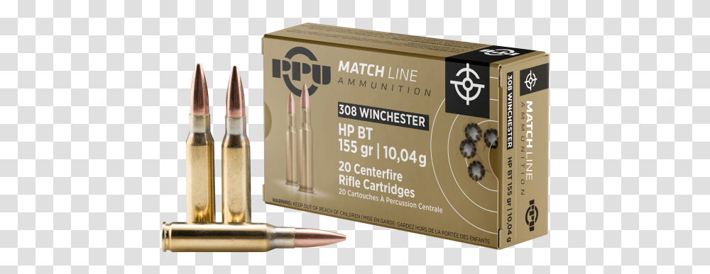 Ppu Ppm3081 Match 308 Win762 Nato 155 Gr Hollow Point Boat Match Line 8mm Mauser, Weapon, Weaponry, Ammunition, Bullet Transparent Png