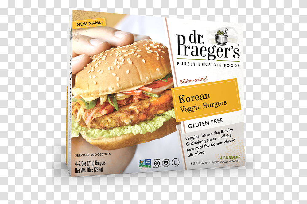 Praeger S Korean Veggie Burgers Veggie Burgers Dr, Food, Advertisement, Poster, Flyer Transparent Png