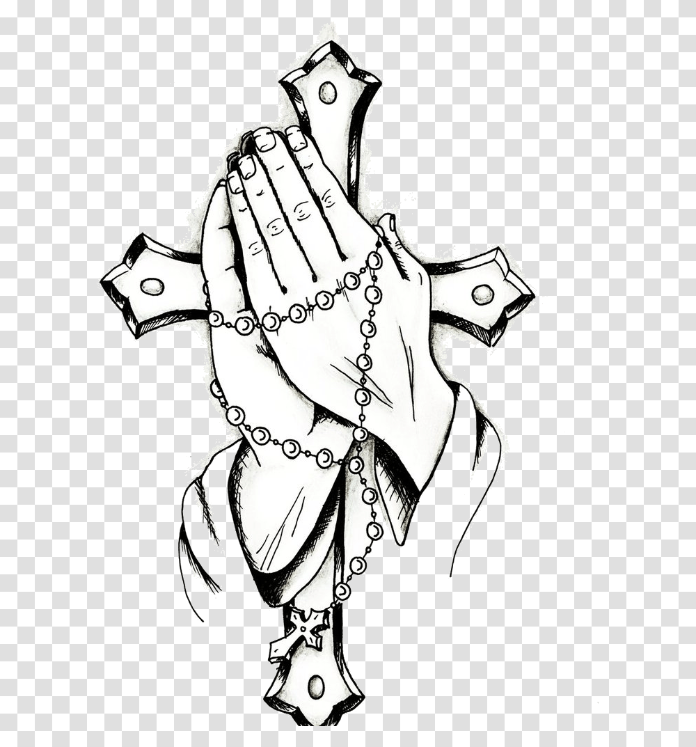 Praying Hands Rosary Clipart Free Cliparts Images On Prayer Hands With Cross, Person, Human, Stencil, Drawing Transparent Png