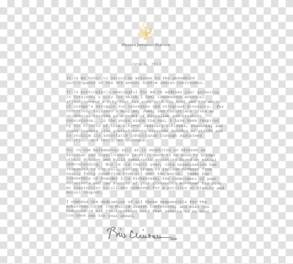 President Clinton S Letter To Mjc Greetings To All Letter, Page, Word, Poster Transparent Png