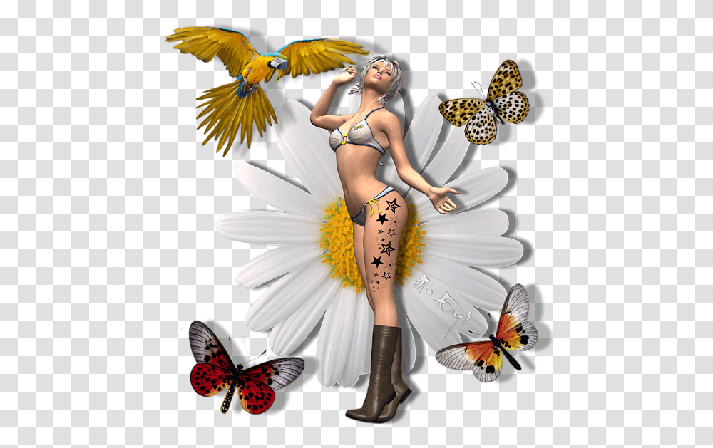 Pretty 3d Woman With Macaw And Butterflies, Person, Plant, Animal, Flower Transparent Png