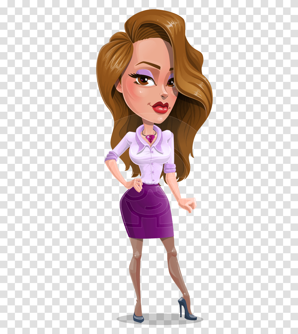 Pretty Girl With Long Hair Cartoon Vector Character Business Woman Caricature, Costume, Person, Skirt Transparent Png