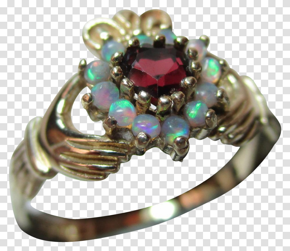 Pretty Vintage 9ct Solid Gold Opal Garnet Heart Shaped Claddagh With Garnet And Opal, Ornament, Gemstone, Jewelry, Accessories Transparent Png