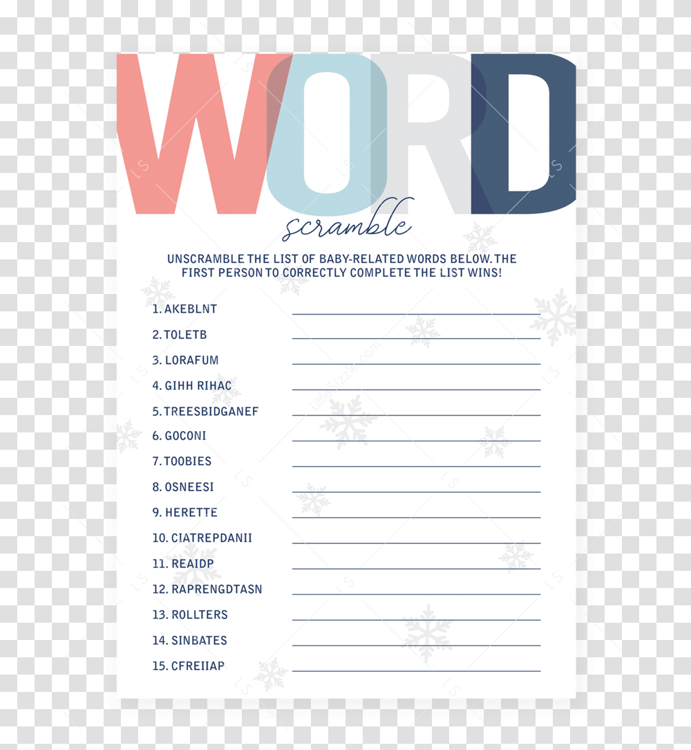 Printable Baby Word Scramble For Winter Shower Document, Flyer, Poster, Paper, Advertisement Transparent Png