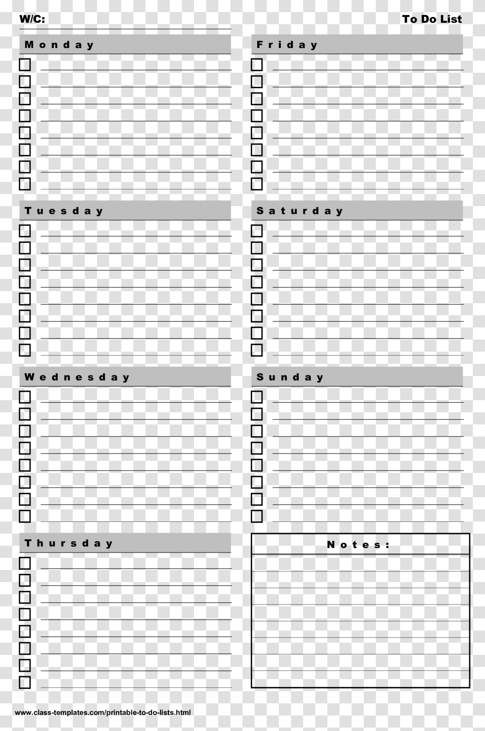 Printable To Do List 7 Days A Week Portrait Main Image Printable 7 Day Weekly Planner Template, Number, Plot Transparent Png