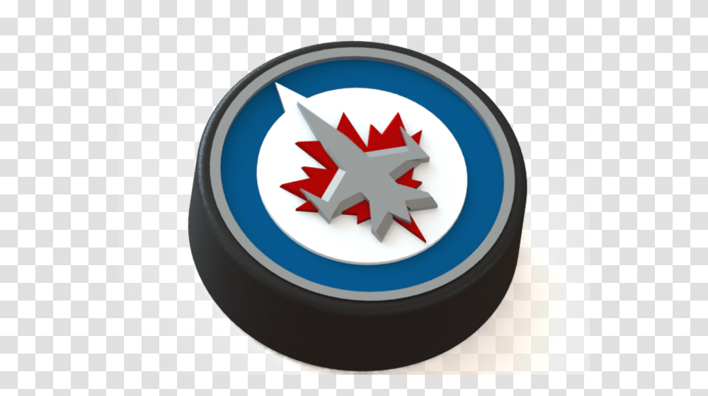 Printed Winnipeg Jets Logo On Ice Hockey Puck, Star Symbol, Leaf, Plant Transparent Png