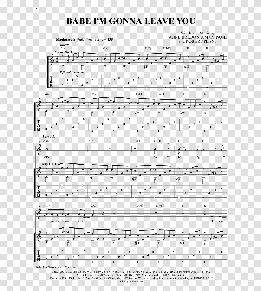 Product Thumbnail Led Zeppelin Babe I'm Gonna Leave You Sheet Music Download, Menu Transparent Png