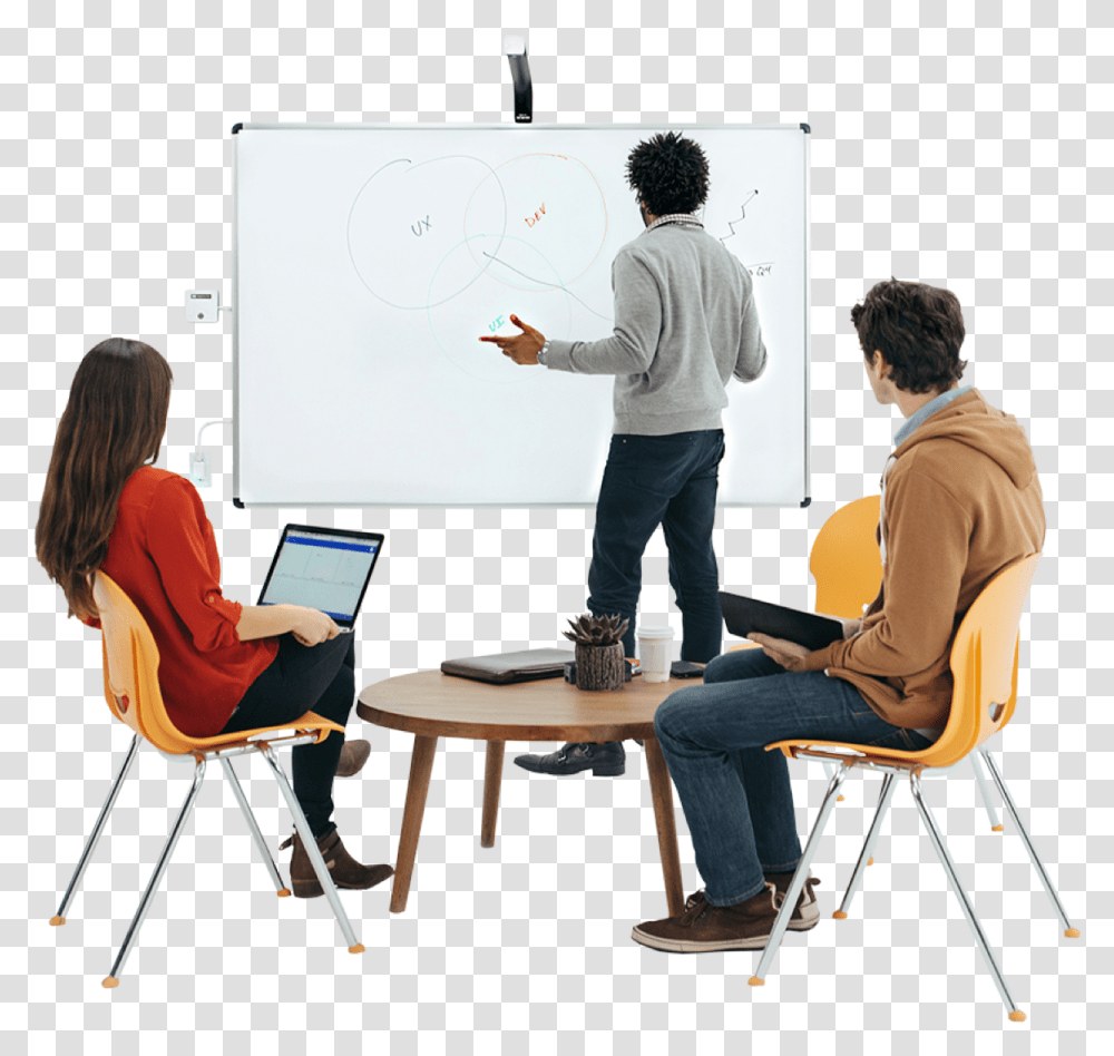 Professionals Meeting While Utilizing A Whiteboard Whiteboard, Sitting, Person, Teacher, Room Transparent Png