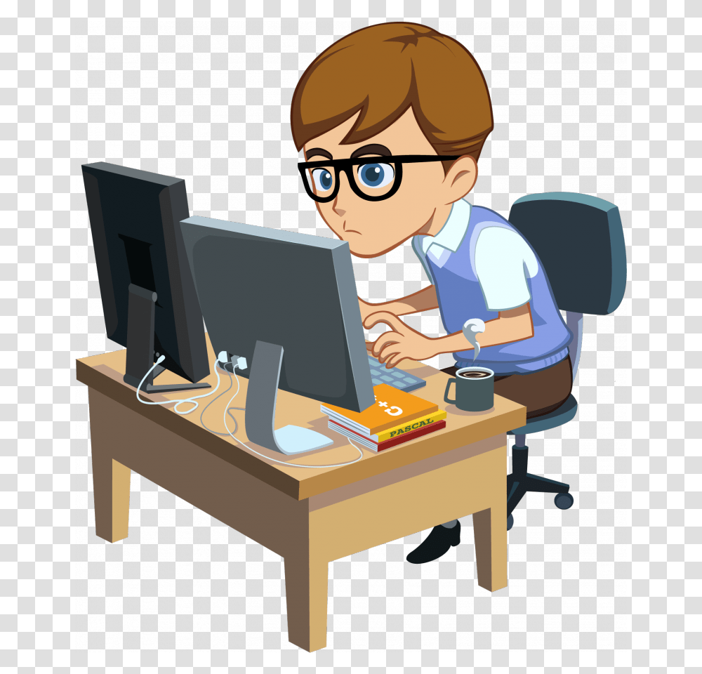Programmer Clipart Computer Programming Software Programmer Cartoon, Person, Desk, Table, Furniture Transparent Png