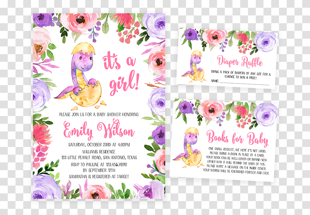 Purple And Pink Dinosaur Baby Shower Invitation Pack Dinosaur Baby Shower Purple, Advertisement, Flyer, Poster, Paper Transparent Png